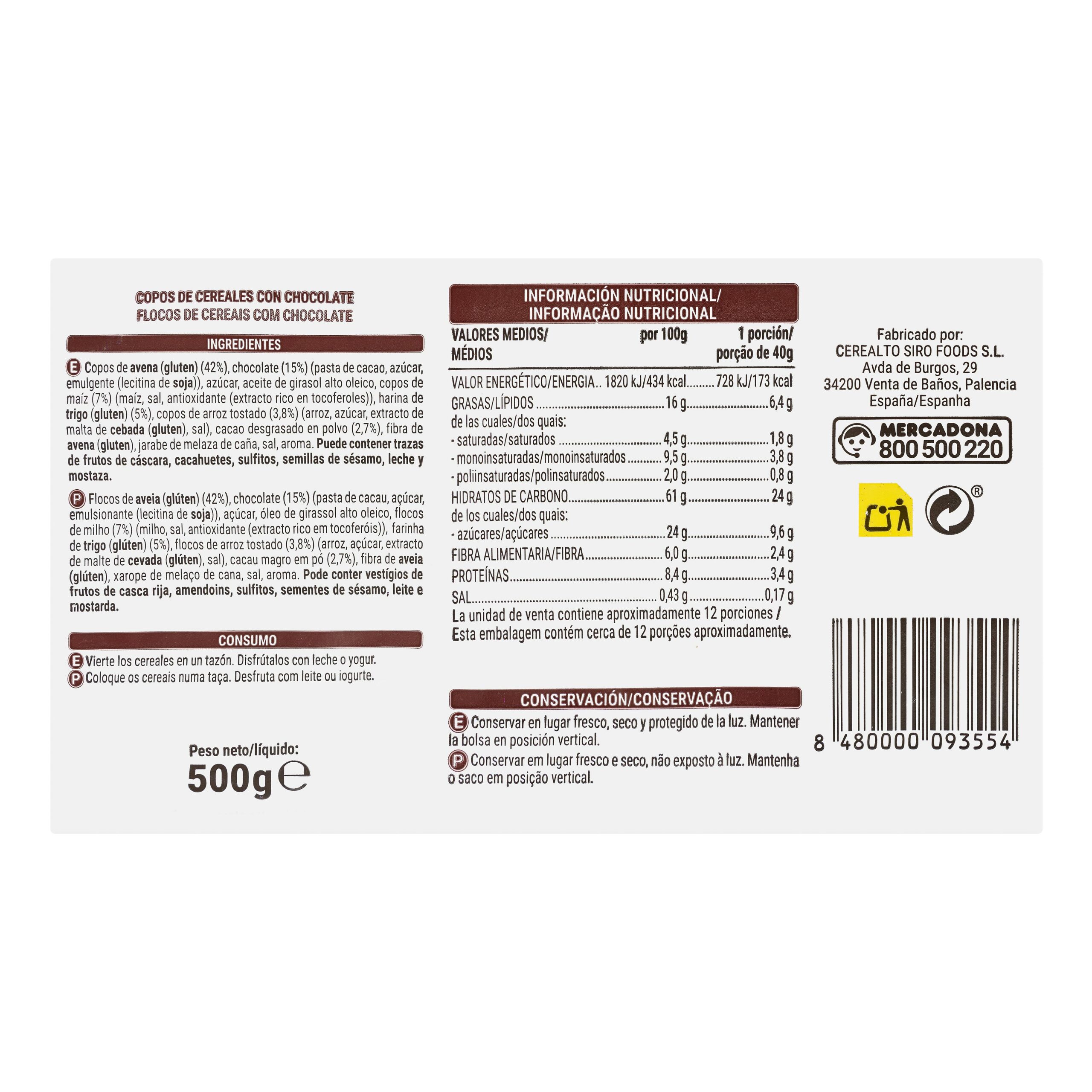 Etiqueta Muesli Crunchy Hacendado con chocolate 15% de chocolate